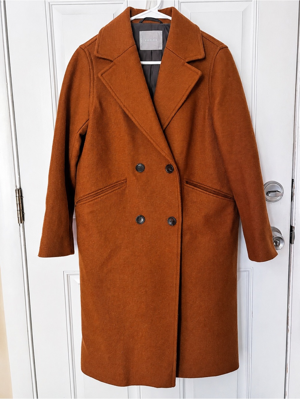 Everlane Wool Blend Long Coat Rust Caramel Double Breasted Peacoat Size 0